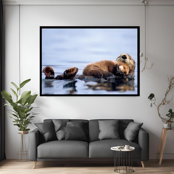 Sea Otter Mother and Pup Floating on Back Calm Water Wildlife Wall Art