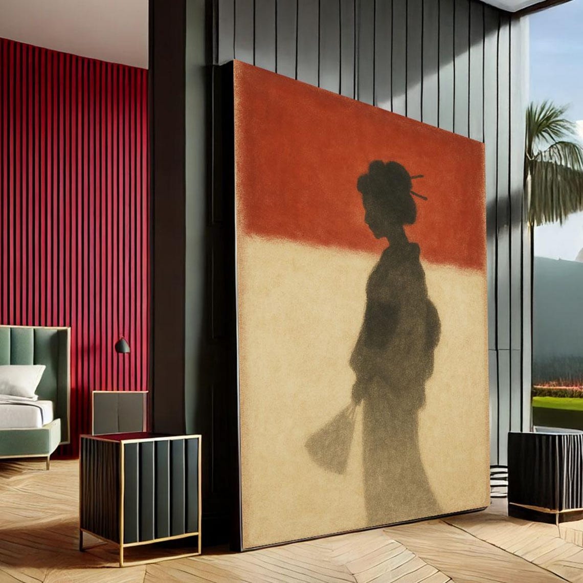 Japanese Geisha Shadow Canvas Wall Art Print Minimalist Red And Beige Living Room Decor Statement Piece