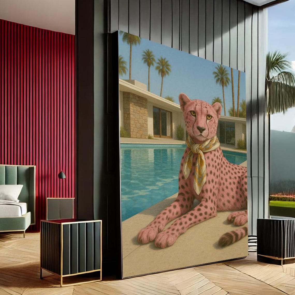 Pink Cheetah Poolside Palm Trees Silk Scarf Retro Canvas Print
