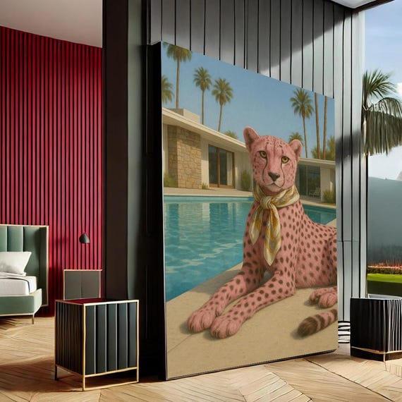 Elegant Cheetah Poolside Modern Canvas Wall Art Print Pastel Blue Living Room Decor Statement Piece