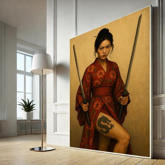 Empowering Warrior Woman Modern Canvas Wall Art Print Red Gold Living Room Decor Statement Piece