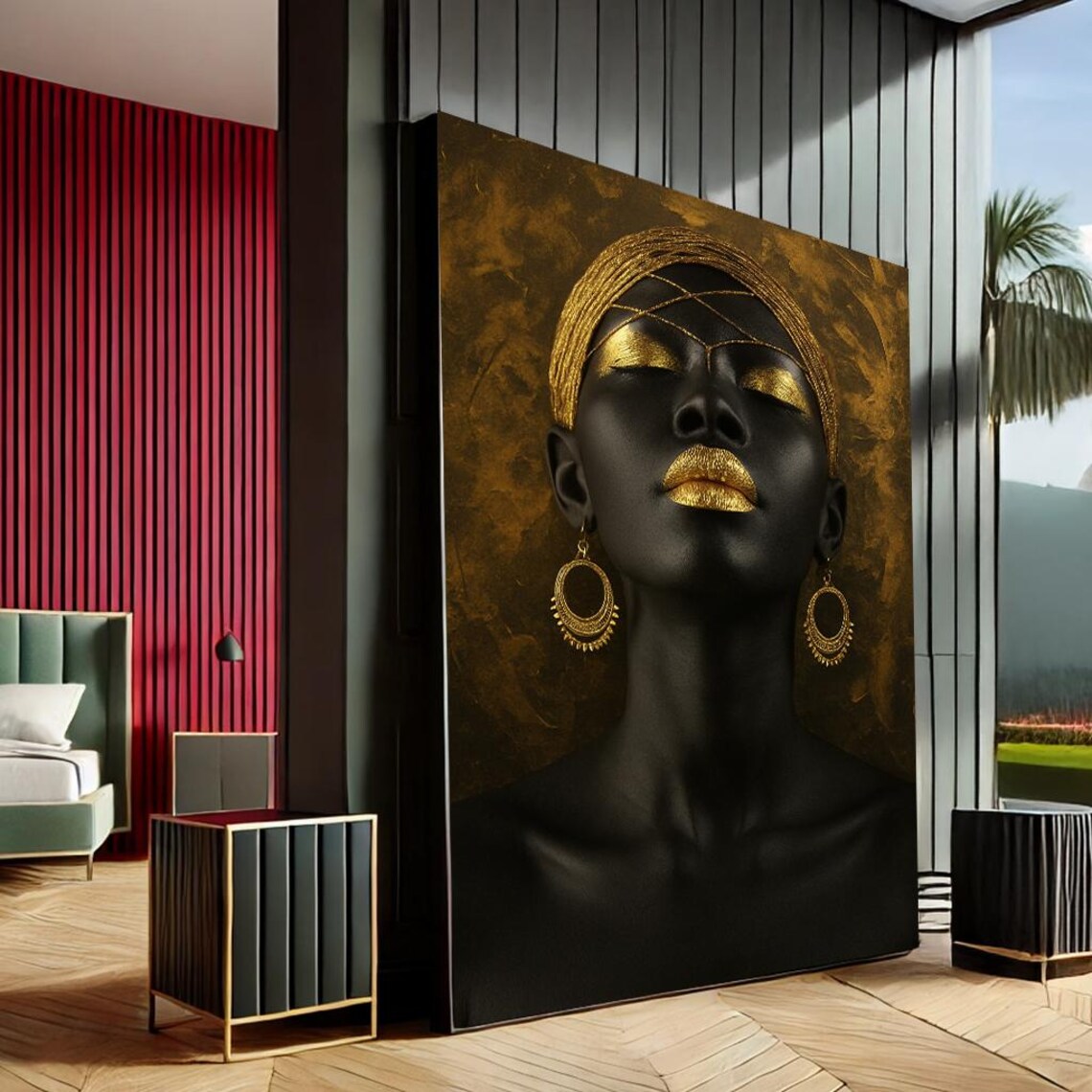 Golden Goddess Black Woman Portrait Gold Lips Luxury Modern Wall Art