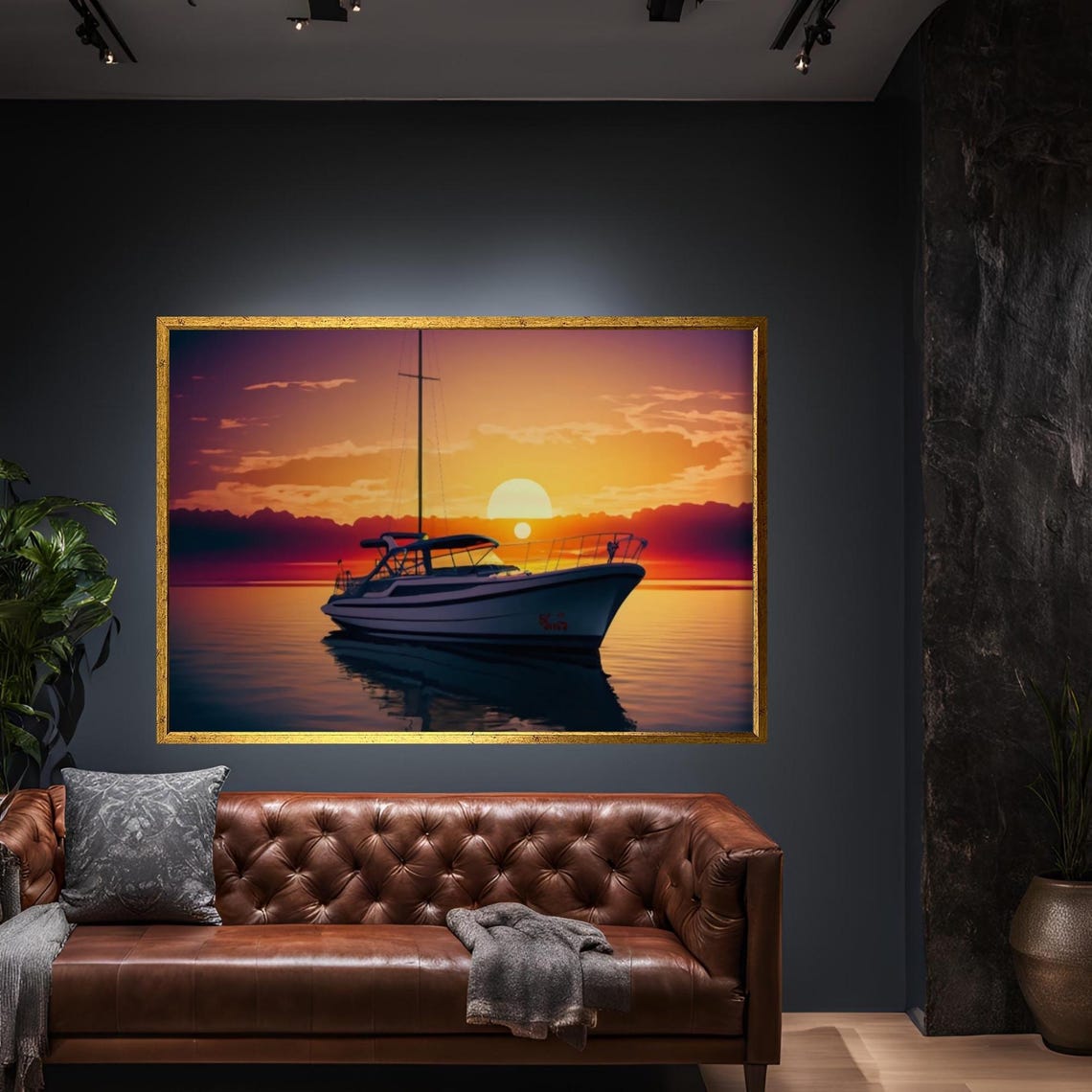 Sailboat Silhouette Sunset Calm Sea Dramatic Sky Photography Poster