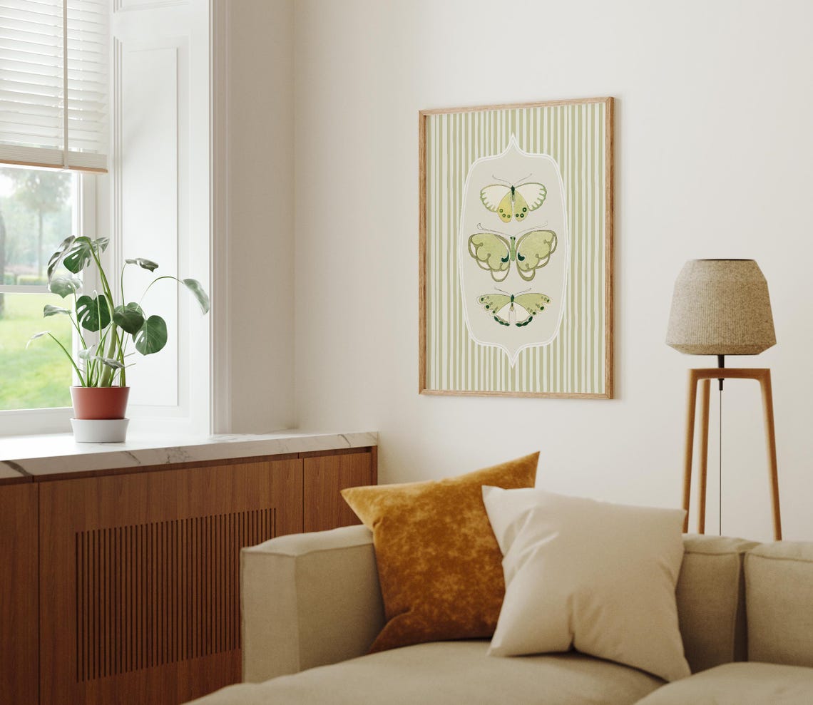 Sage Green Butterfly Print Vintage Cottagecore Wall Art Trendy Striped Spring Decor Art A247 - Image 2
