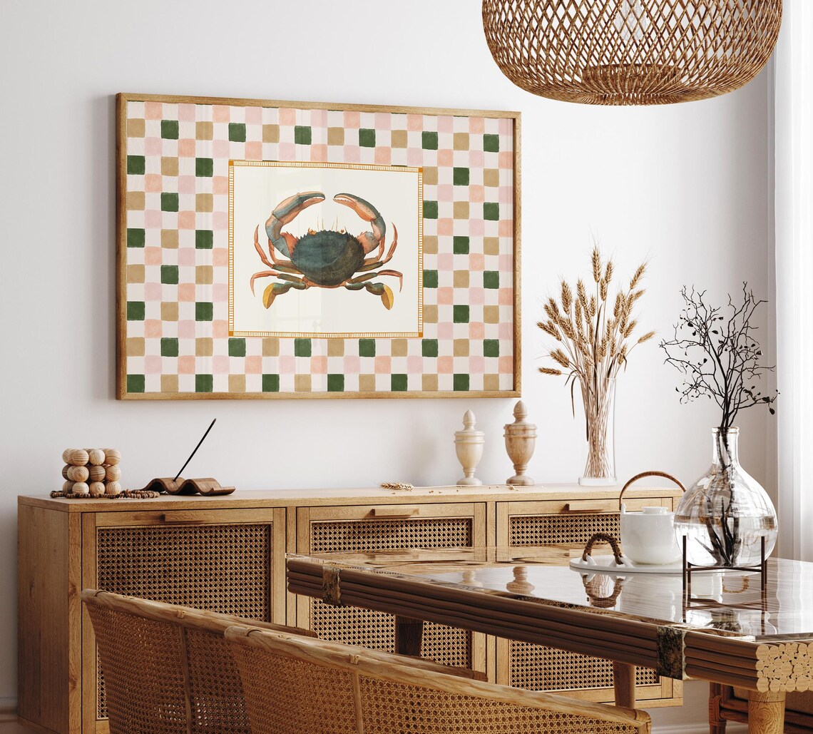 Vintage Crab Art Print Cottagecore Kitchen Art Trendy Checkered Coastal Decor Wall Art A234 - Image 3
