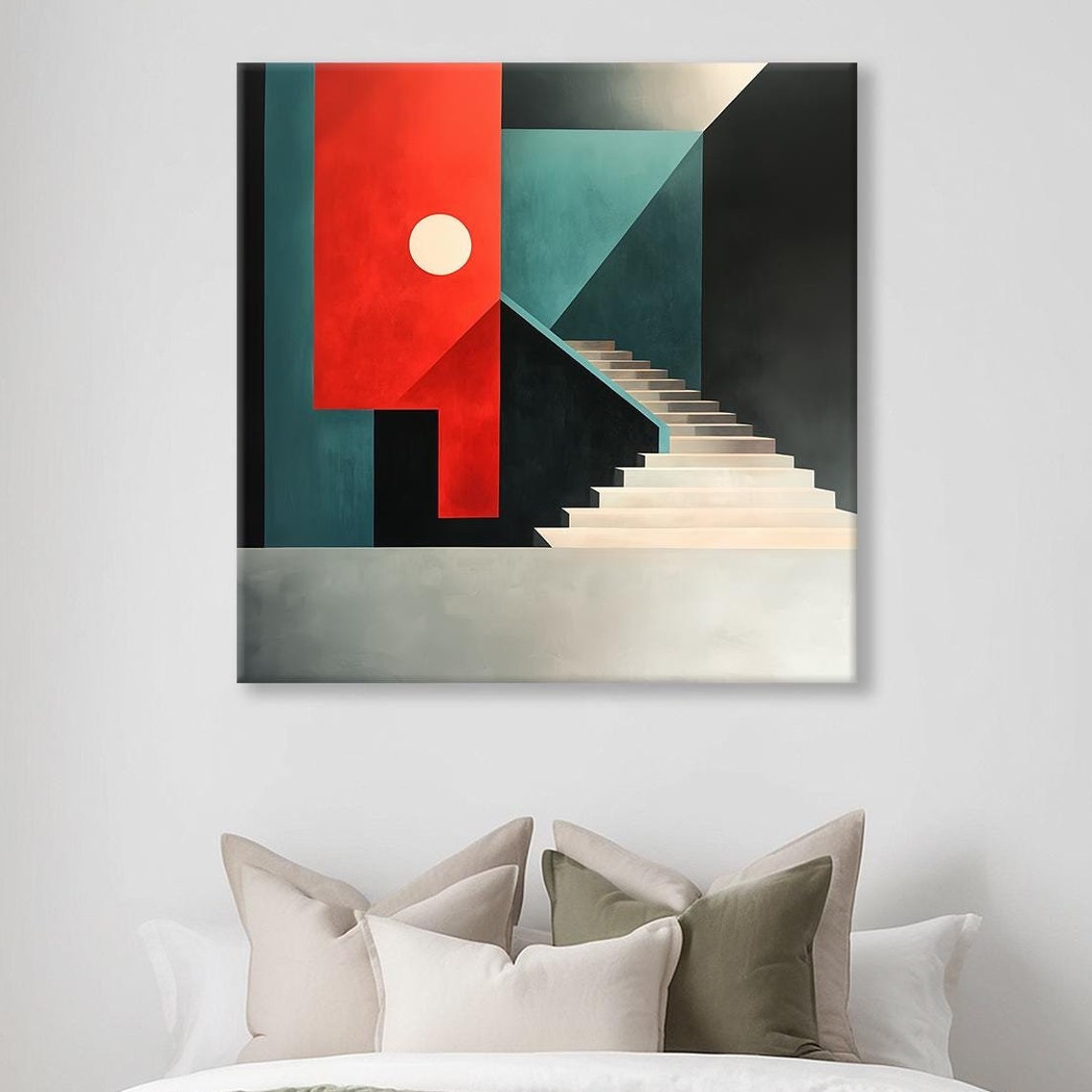 Bold Geometric Staircase Red Sun Teal Shadows Abstract Print
