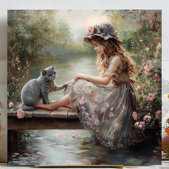 Girl And Cat, Peaceful Lake Nature Decor