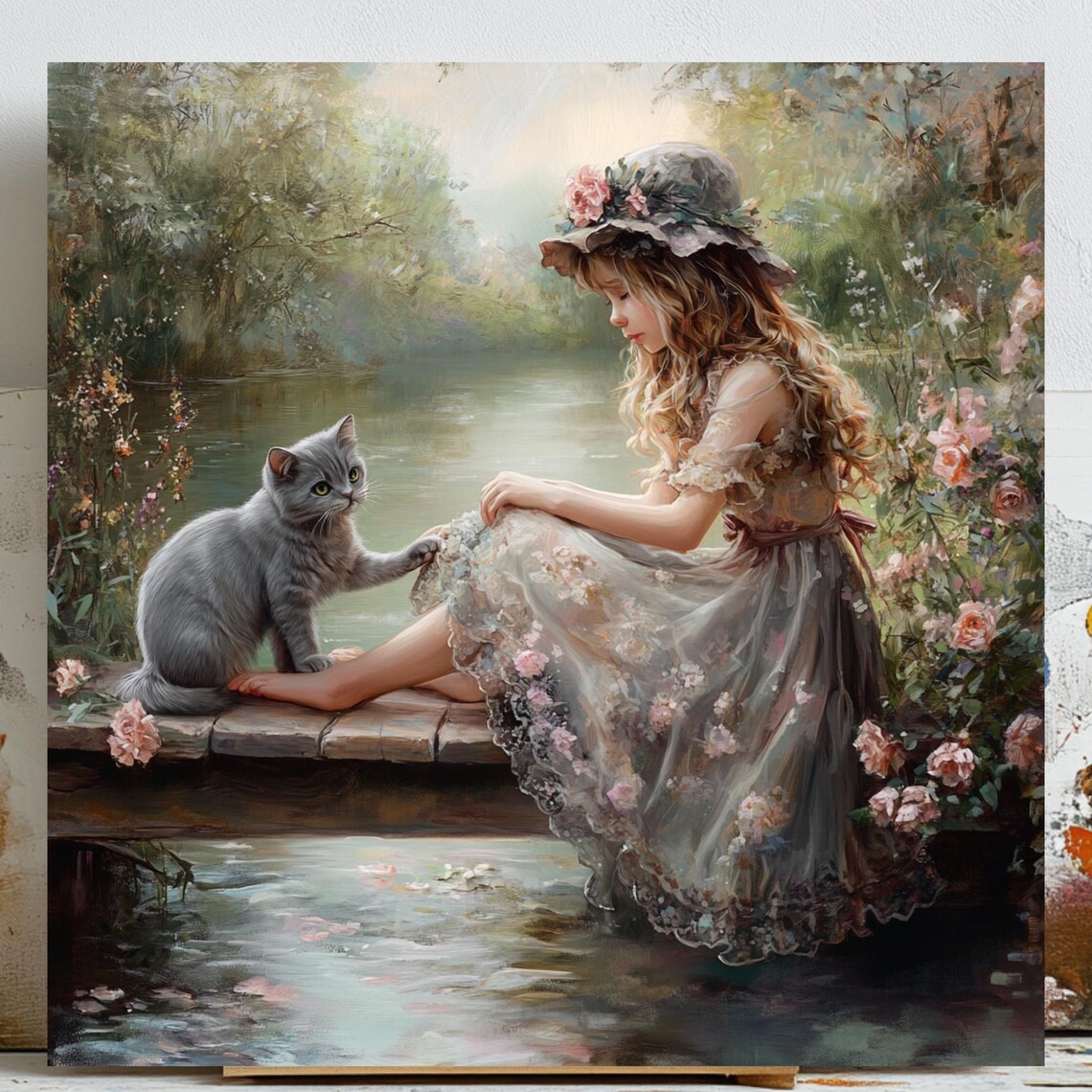 Girl And Cat, Peaceful Lake Nature Decor