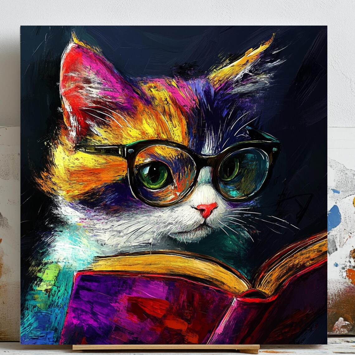 Cat Wearing Glasses, Reading Book Art Print