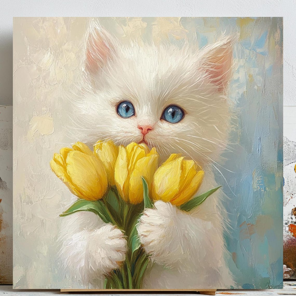 Cat With Tulip, Floral Wall Art Print