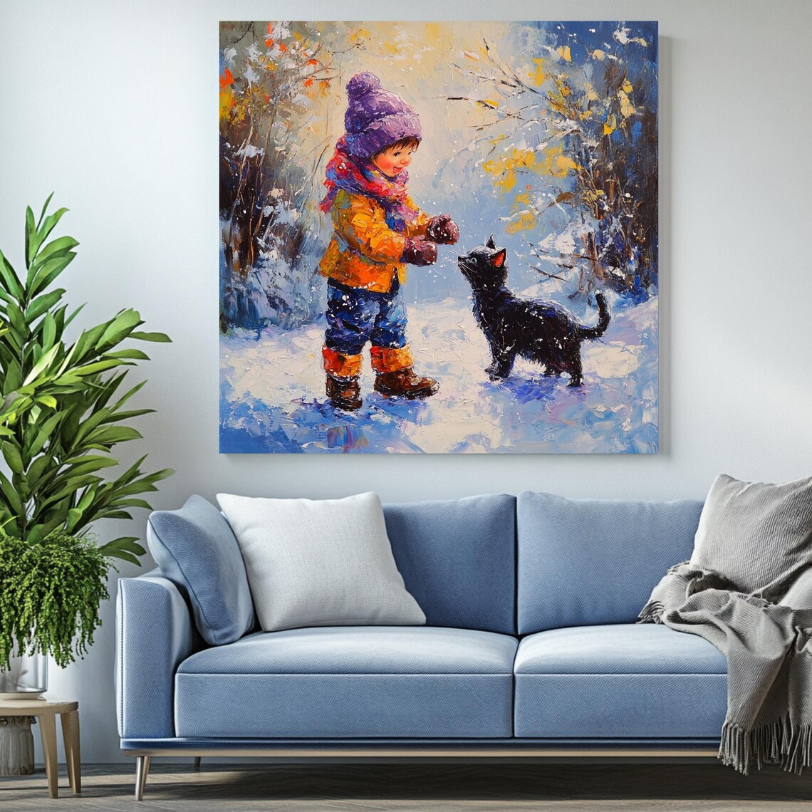 Girl And Cat Winter Scene, Girls Room Decor - Image 2
