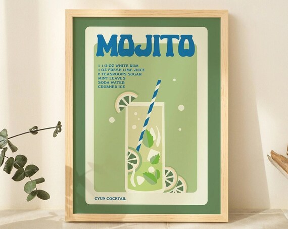 Mojito Cocktail Recipe Green Retro Bar Kitchen Lime Mint Poster