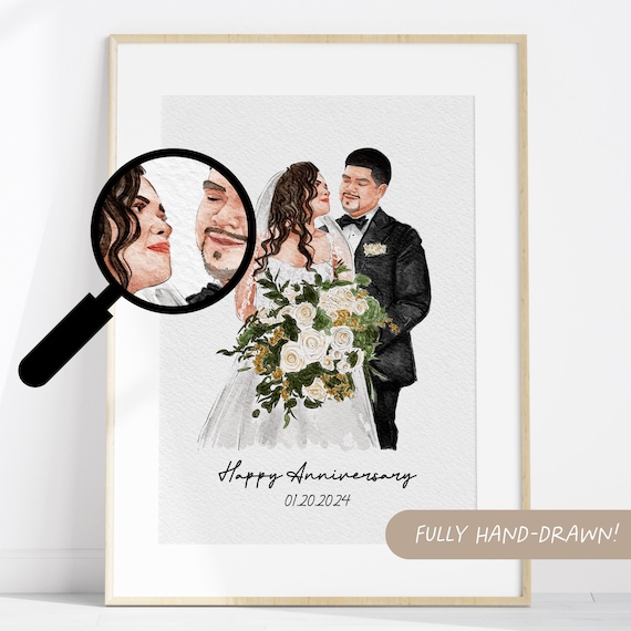 Custom Watercolor Wedding Couple Portrait Anniversary Date Poster