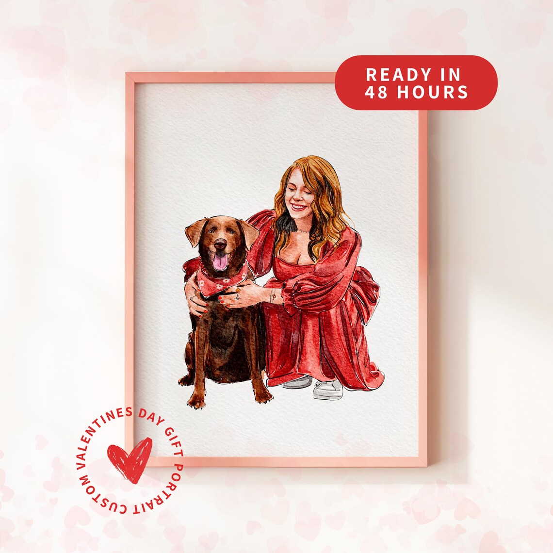 Custom Minimalist Portrait Watercolor Pet And Owner