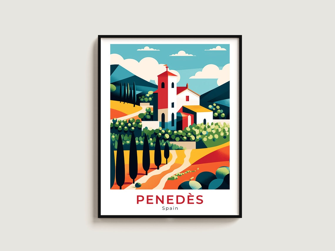 Penedes Spain Church Cypress Trees Wine Country Travel Poster