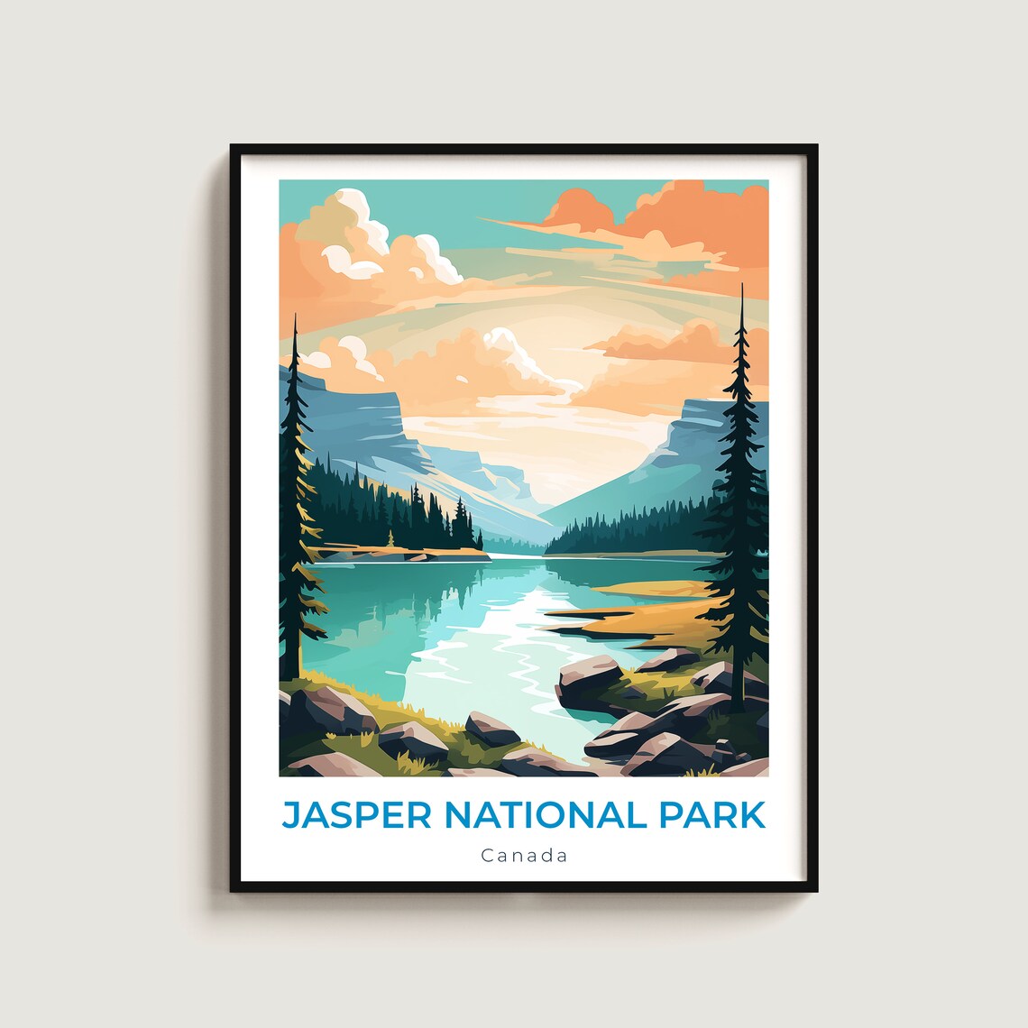 Jasper National Park Canada Lake Travel Poster for Cabin Scene Decor