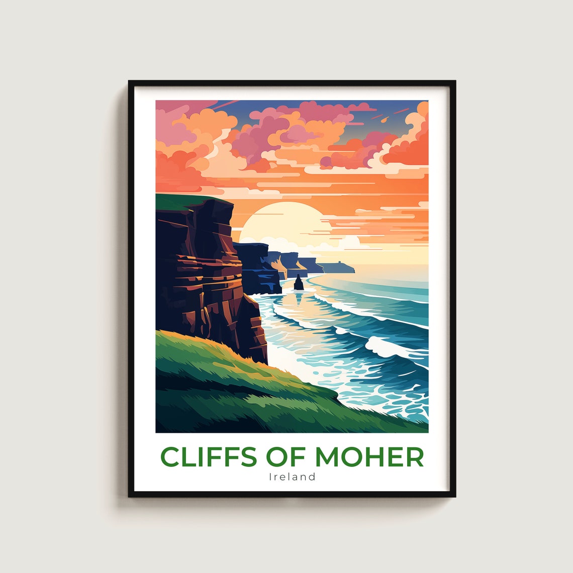Cliffs Of Moher Ireland Sunset Waves Coastal Vintage Travel Poster