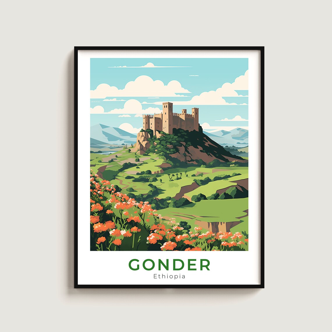 Gonder Ethiopia Hilltop Castle Wildflowers Green Valley Travel Poster