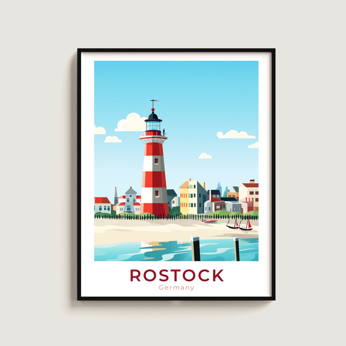 Rostock Germany Red White Lighthouse Beach Sailboats Travel Poster