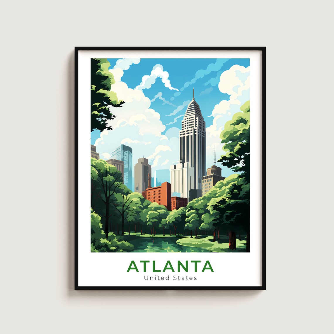 Atlanta Georgia Skyline Green Park Downtown Retro Travel Poster