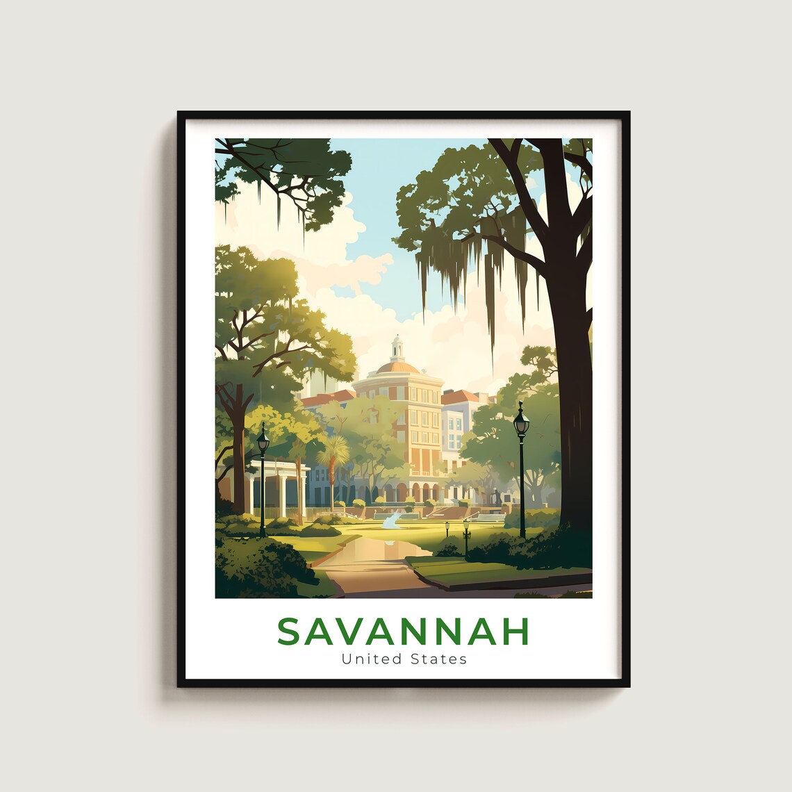Savannah Georgia Spanish Moss Oak Park Historic Square Travel Poster