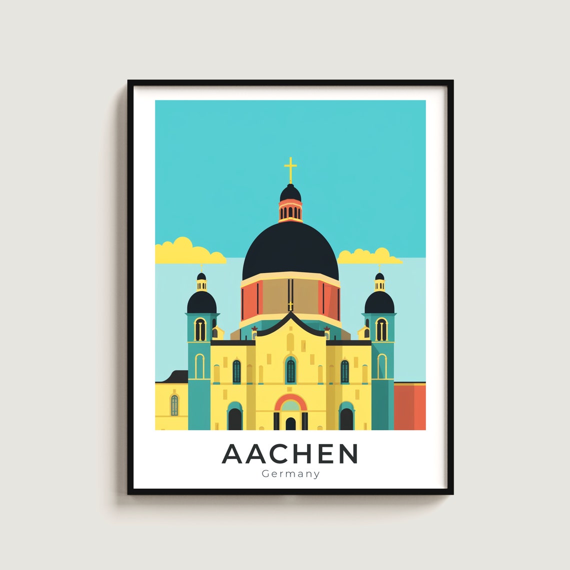 Aachen Germany Cathedral Iconic Black Dome Teal Sky Travel Poster