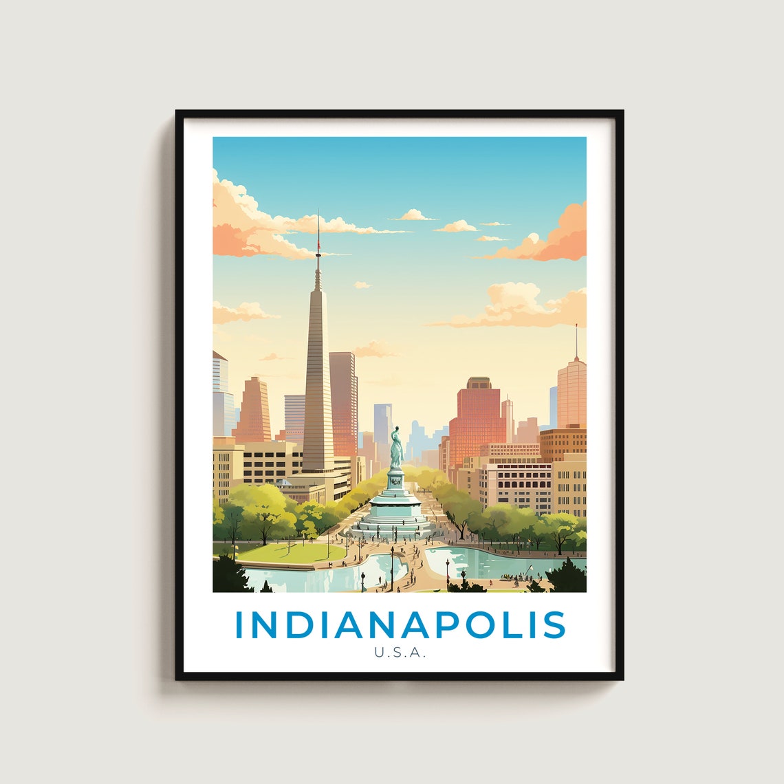 Indianapolis Monument Circle Sunset Downtown Skyline Retro Poster