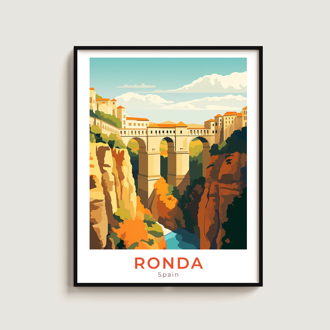 Ronda Spain Puente Nuevo Gorge Bridge Great Vintage Travel Poster