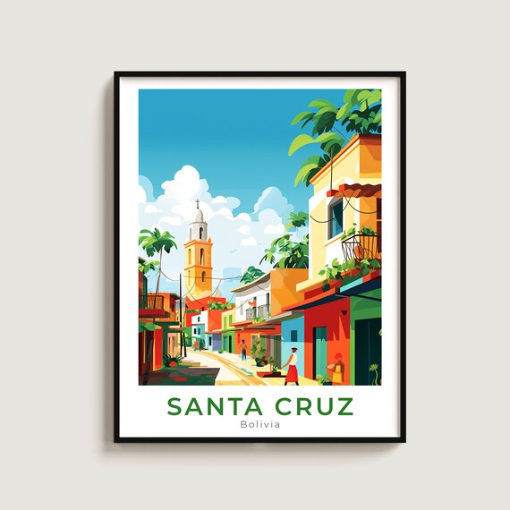 Santa Cruz Bolivia Travel Poster Tropical Church Tower Palm Street