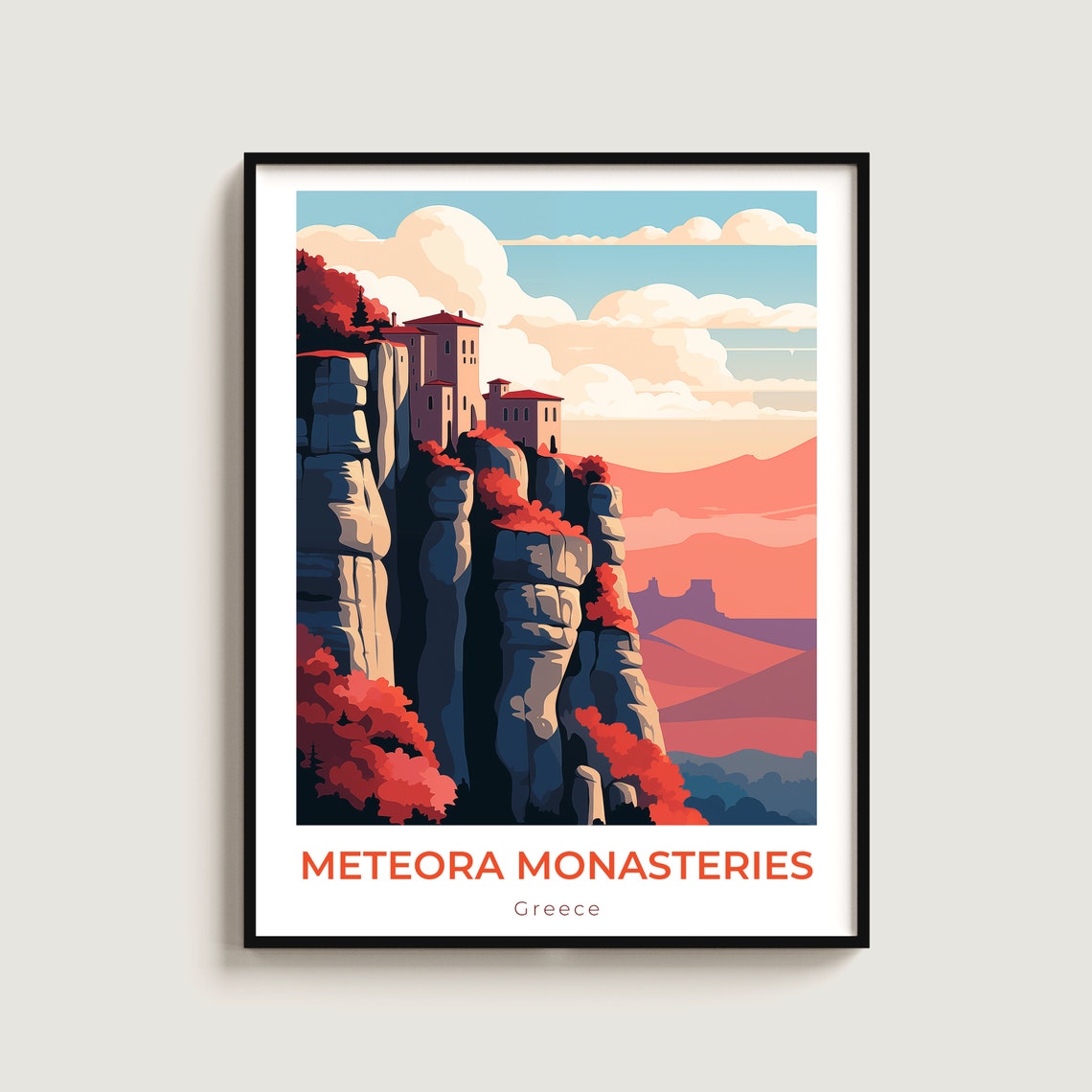 Meteora Monasteries Greece Cliff Rock Pillars Sunset Travel Poster