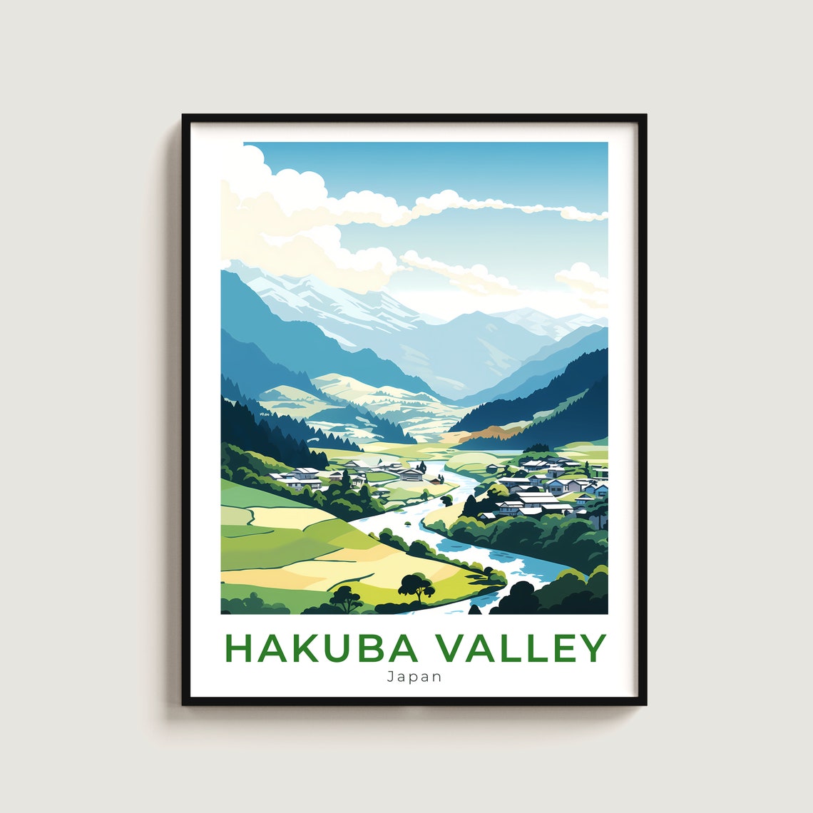 Hakuba Valley Japan Snow Peaks River Village Landscape Poster