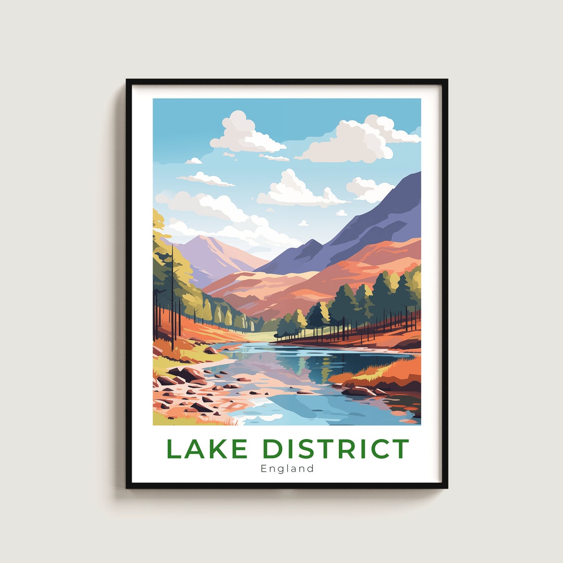 Lake District England Alpine Lake Mountain View Travel Art Poster