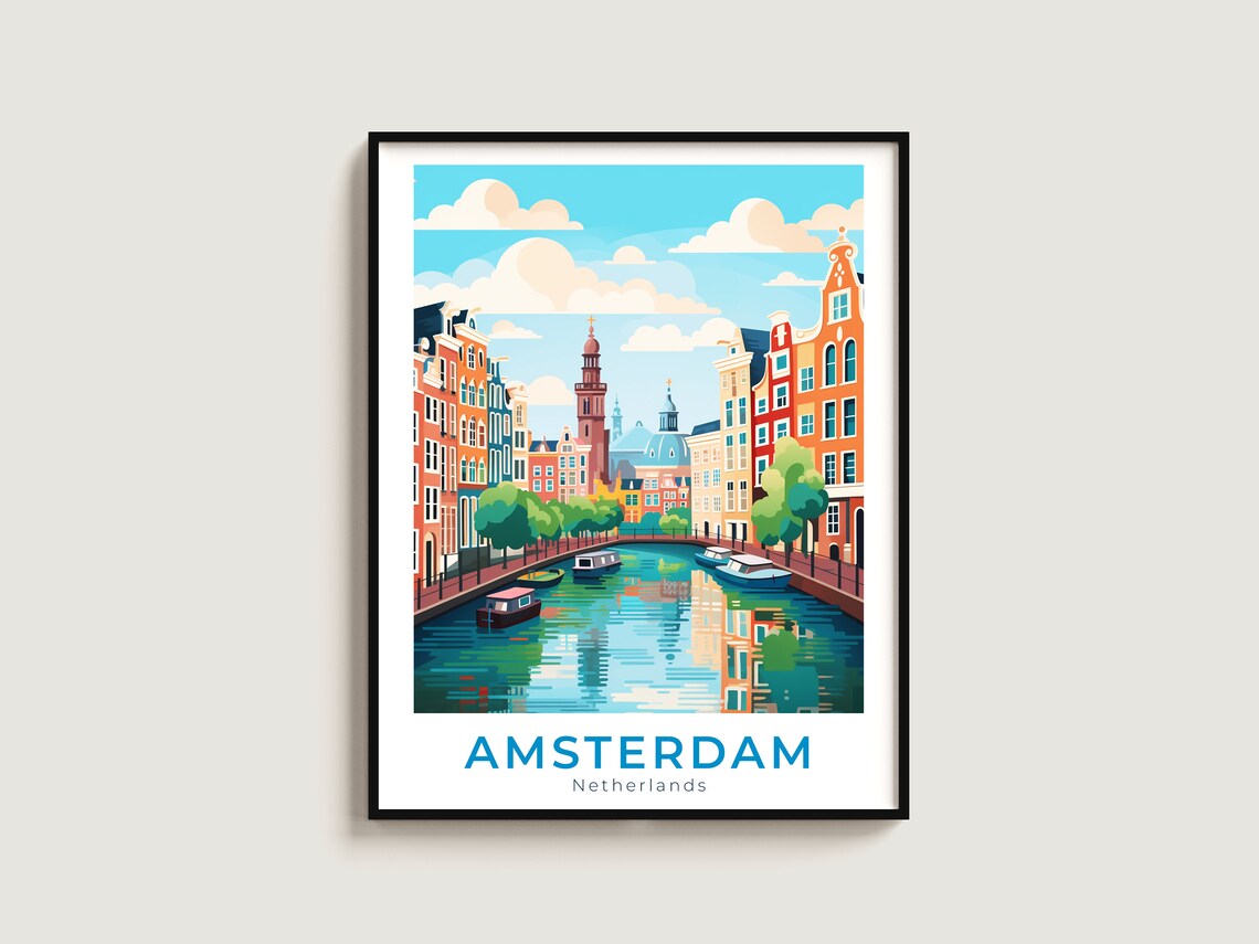 Amsterdam Netherlands Canal Houses Boats Vintage Travel Poster