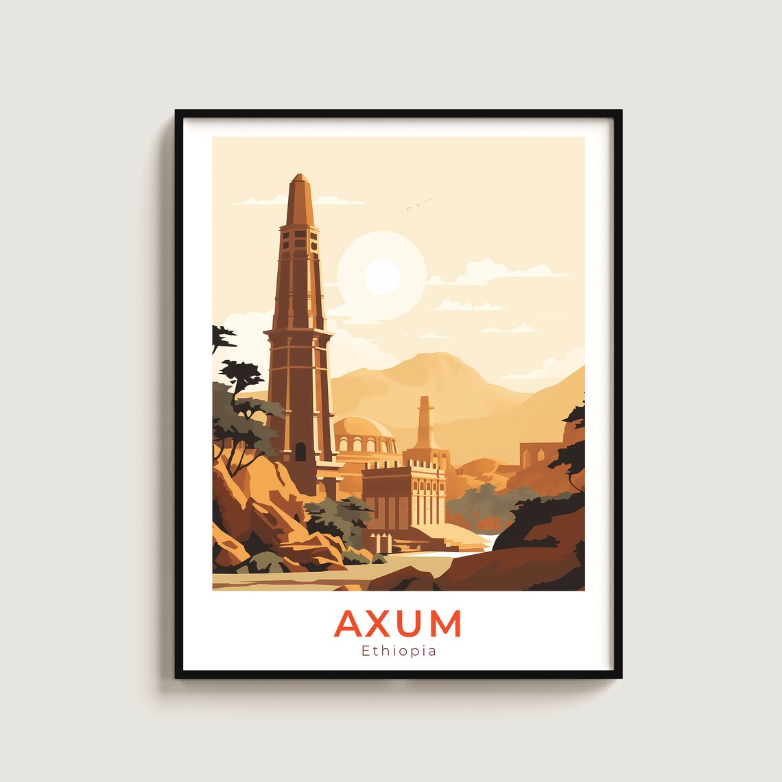 Axum Ethiopia Ancient Obelisk Ruins Sunset Vintage Travel Poster