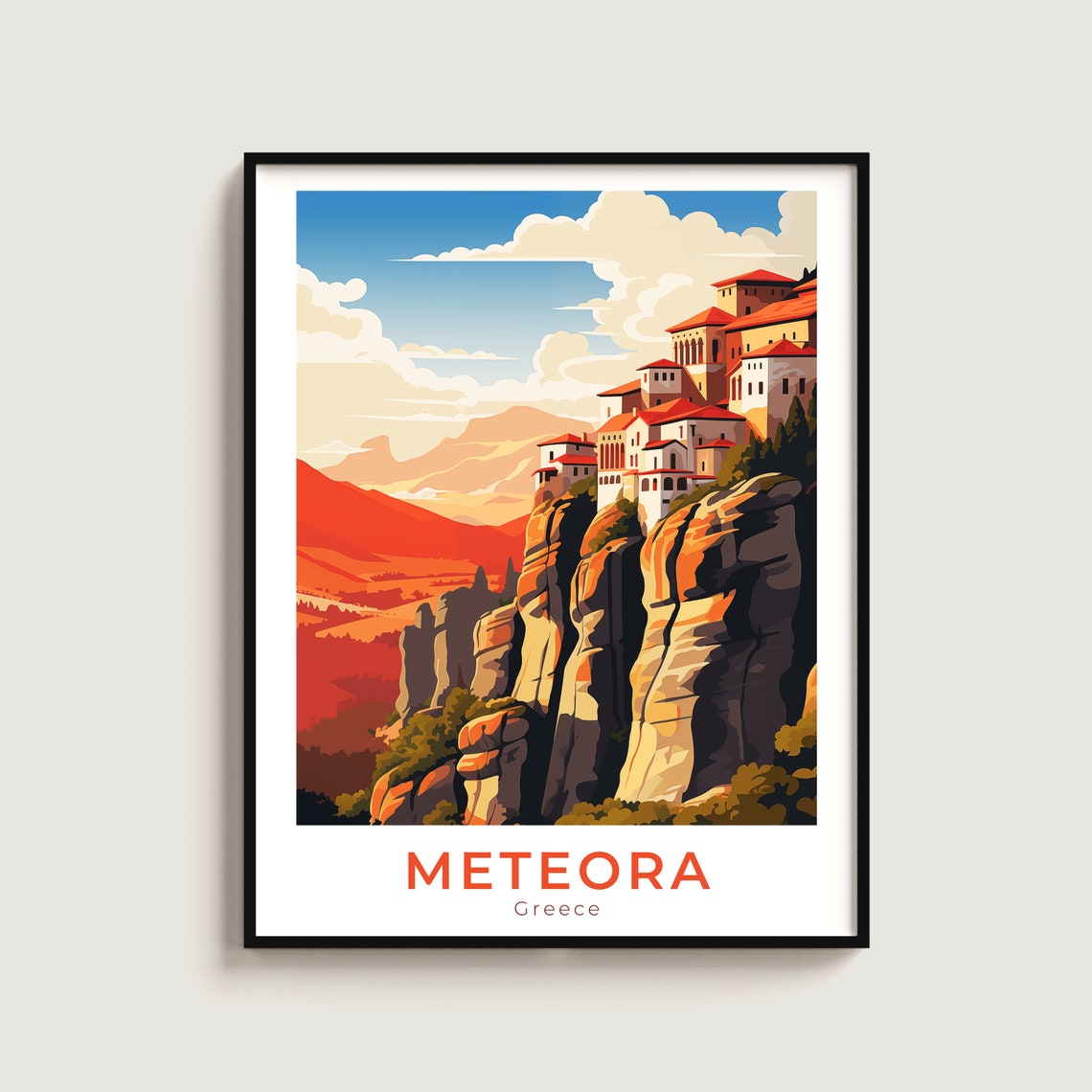 Meteora Greece Cliff Monasteries Red Sunset Valley Travel Poster