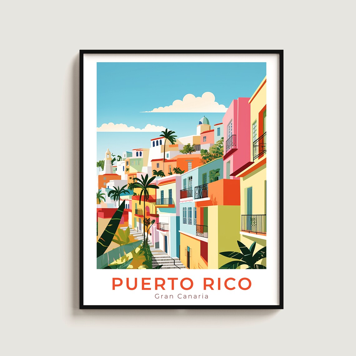 Puerto Rico Gran Canaria Travel Poster Colorful Hillside Town Scene