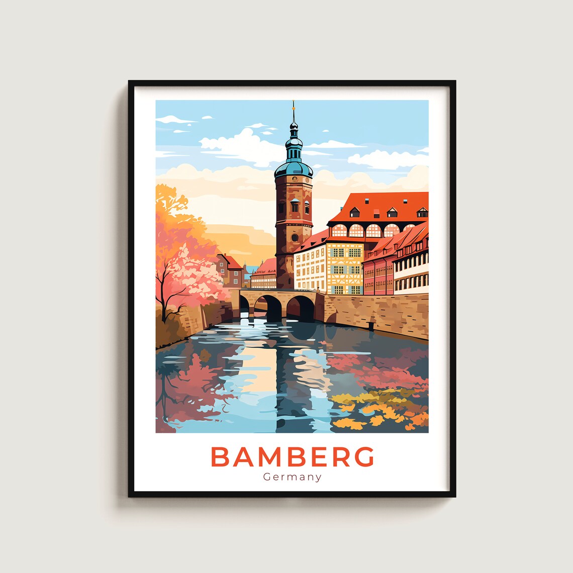 Bamberg Germany Old Bridge River Vintage Travel Poster City Artwork