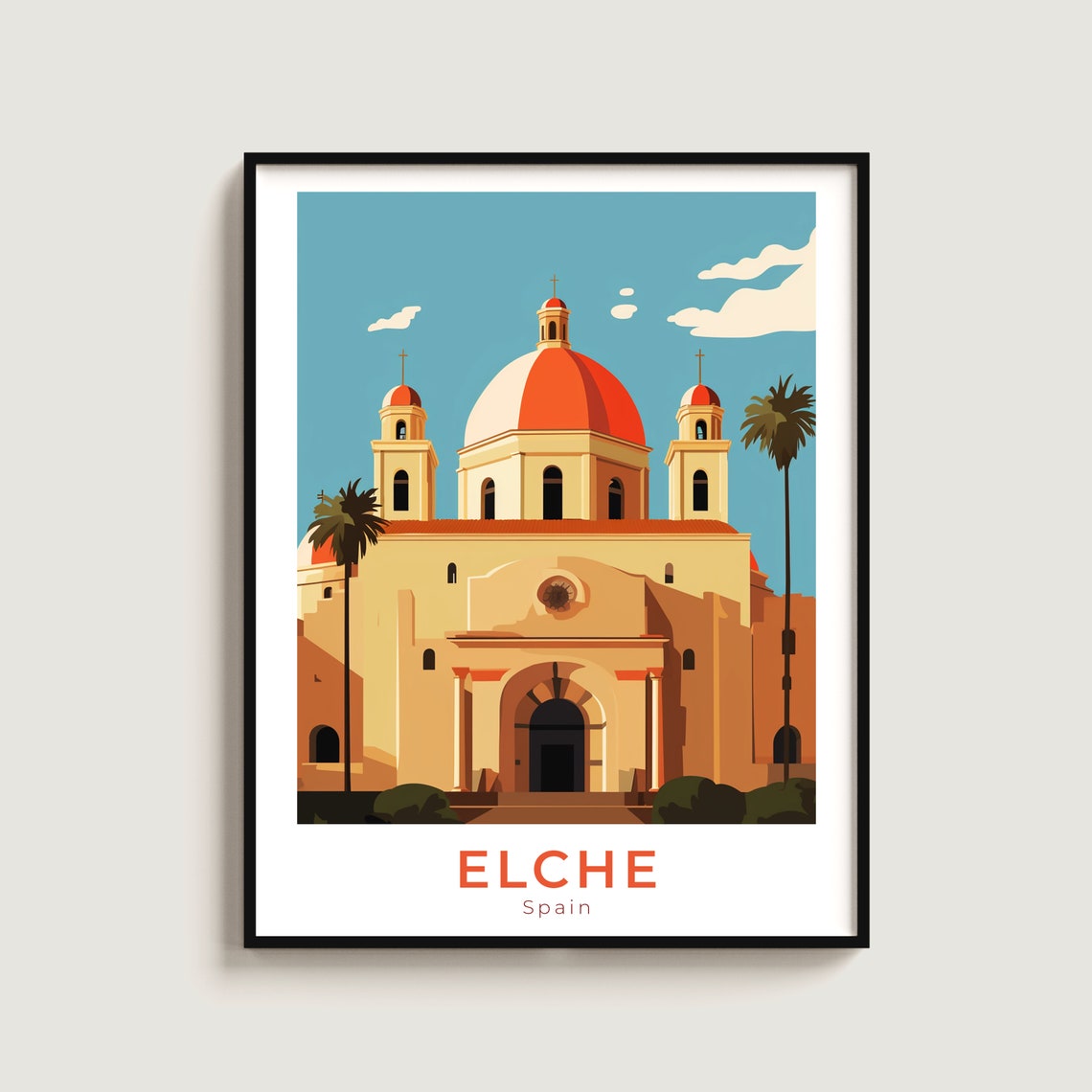 Elche Spain Santa Maria Church Red Dome Palm Trees Travel Poster