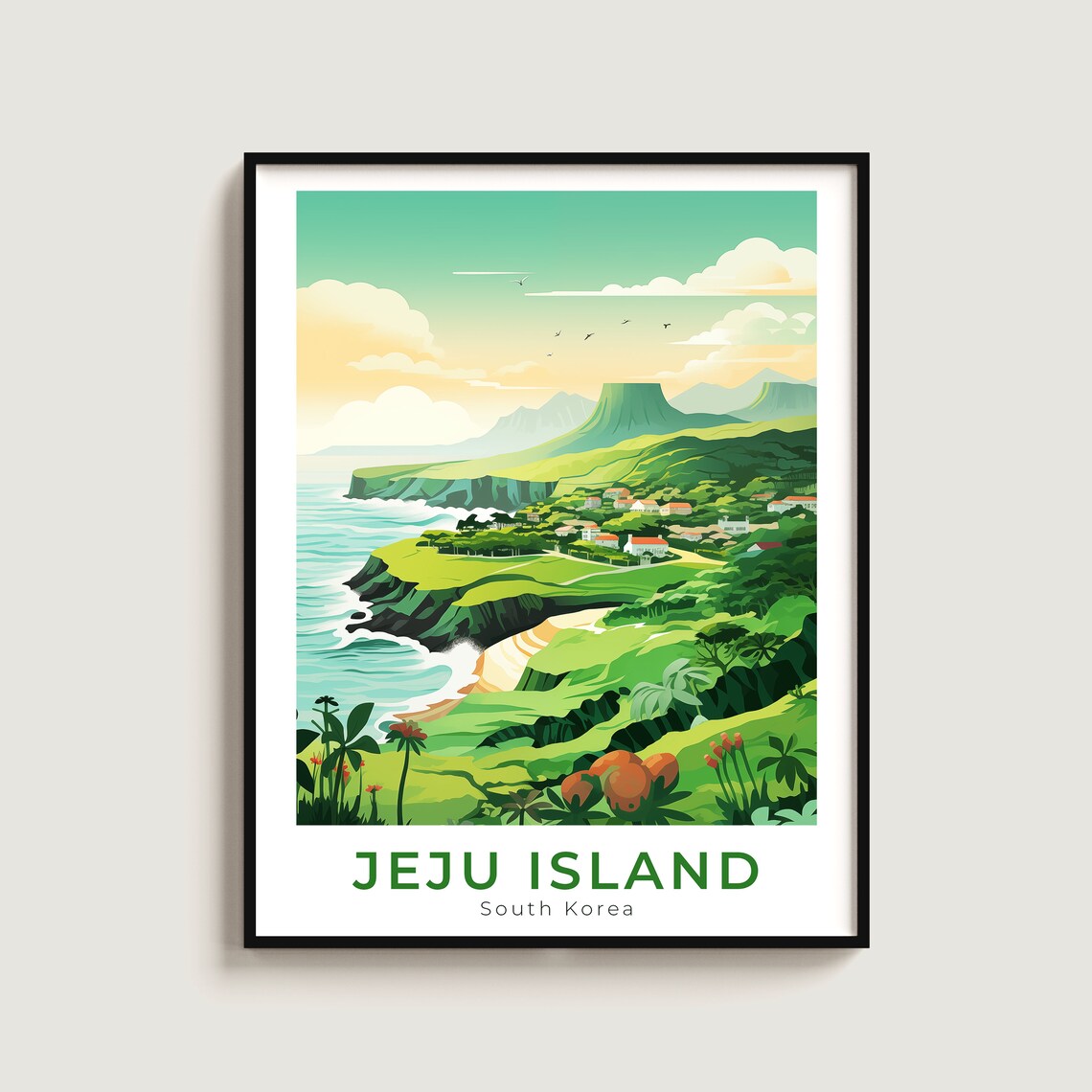 Jeju Island South Korea Green Cliffs Coastal Travel Art Poster