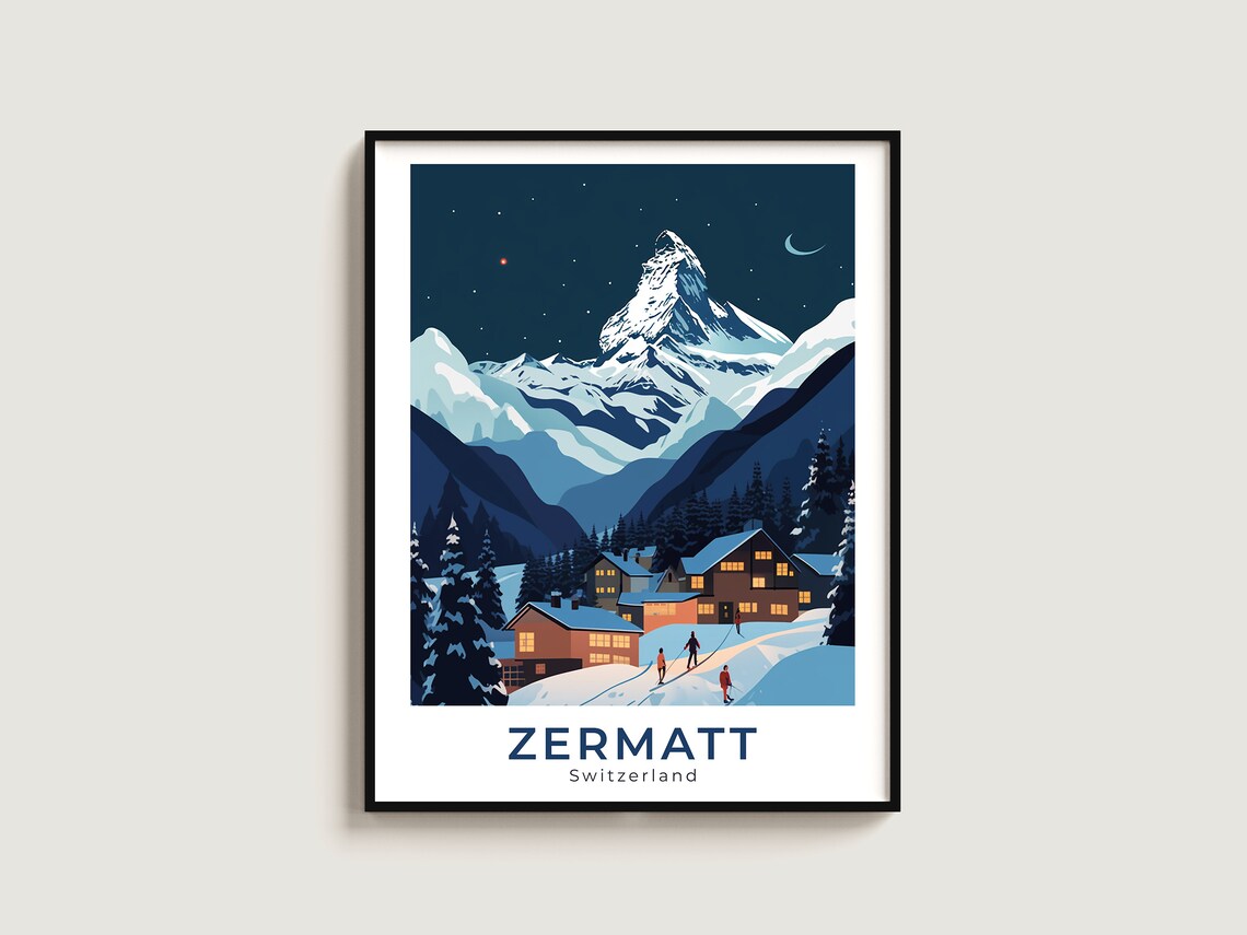 Zermatt Switzerland Matterhorn Night Snowy Village Moonlit Ski Poster