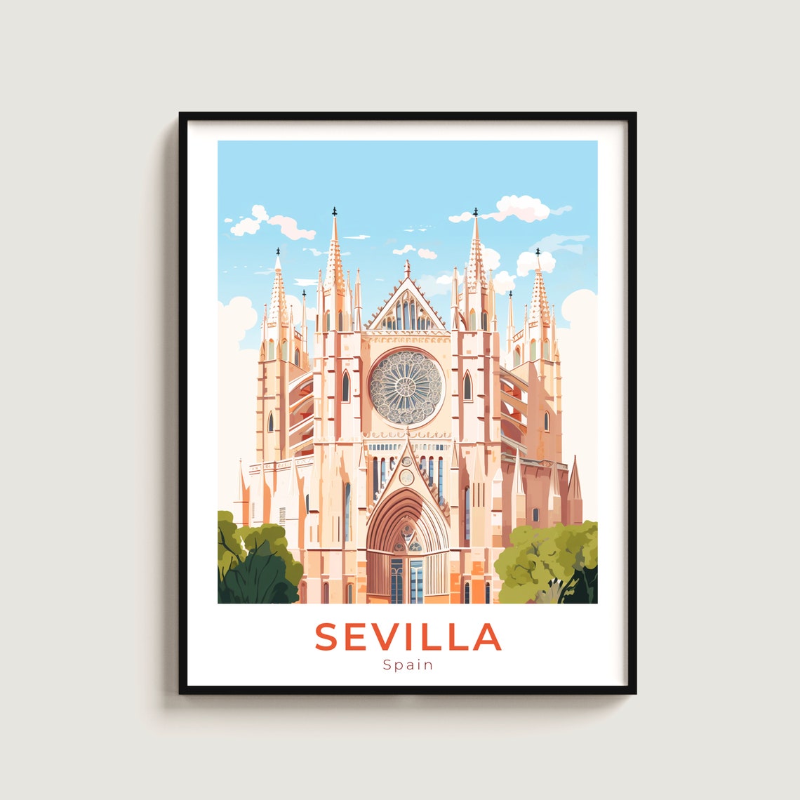 Sevilla Spain Cathedral Facade Rose Window Spires Travel Poster