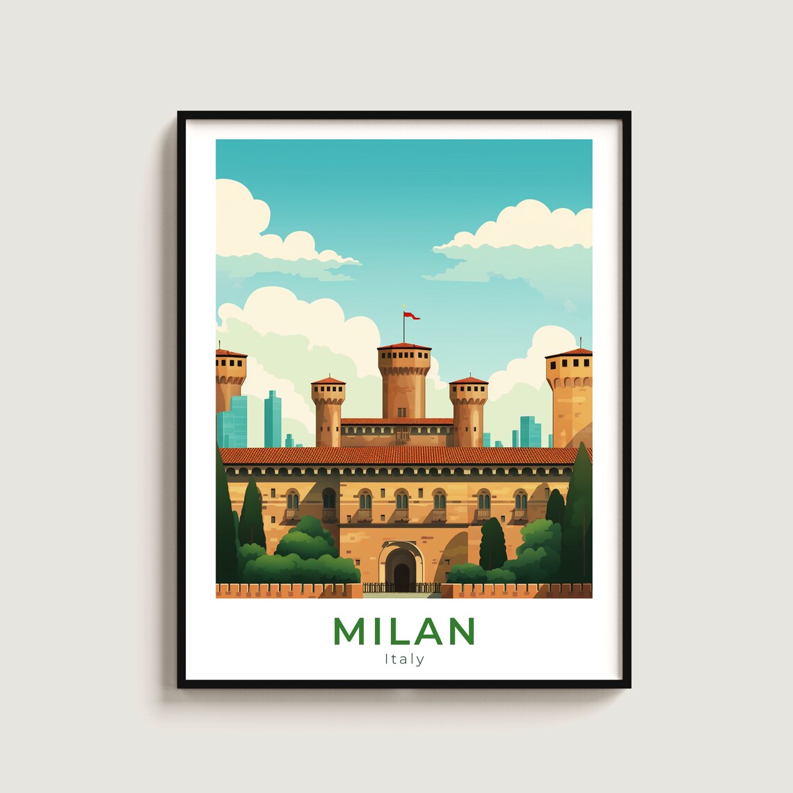 Milan Sforza Castle Historic Round Towers Red Flag Italy Poster