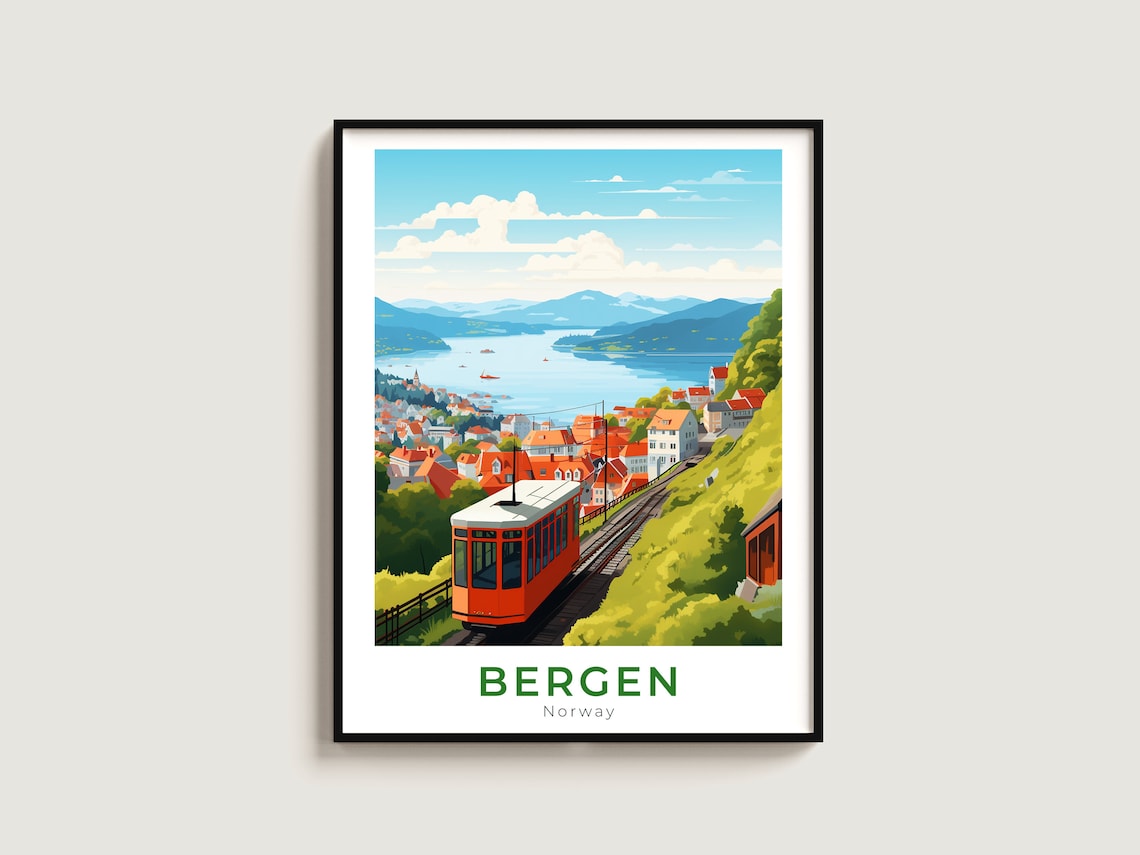 Bergen Norway Red Funicular Fjord View Harbor Town Travel Poster
