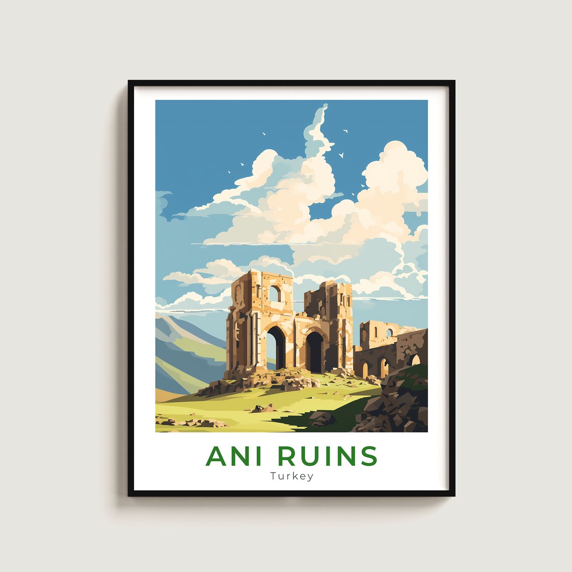 Ani Ruins Turkey Ancient Stone Arches Meadow Mountain Travel Poster