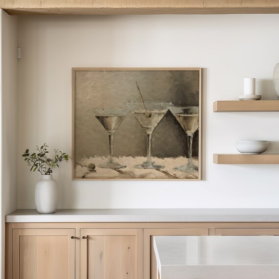 Three Martini Glasses Vintage Cocktail Bar Cart Watercolor Print