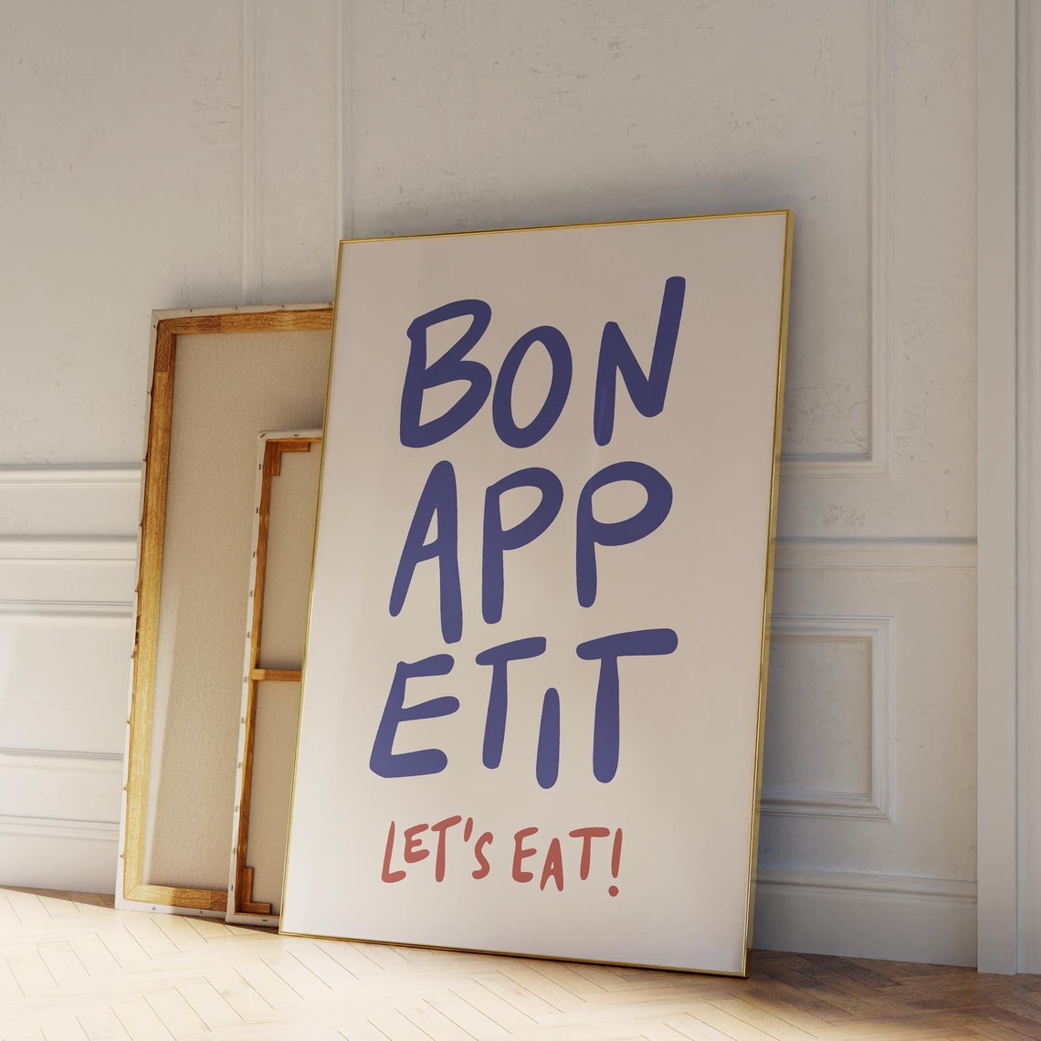 Bon Appetit Let's Eat Blue Hand Lettered Kitchen Wall Poster