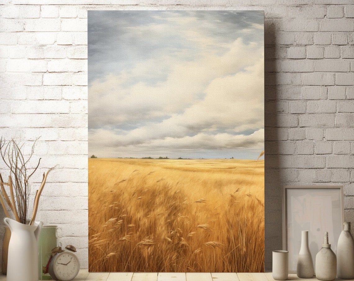Golden Wheat Field Poster Under a Vast Cloudy Sky Minimalist Landscape