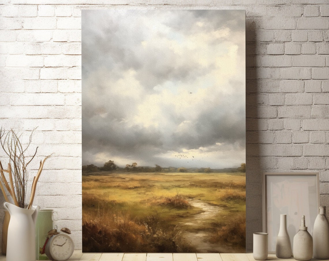 Moody Golden Field Poster with Winding Path Under Dramatic Clouds
