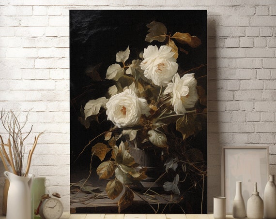 Vintage Moody Wall Art Dark Academia Botanical Art White Flowers Wall Art Dark Cottagecore Gothic Wall Decor Dark Academia Decor