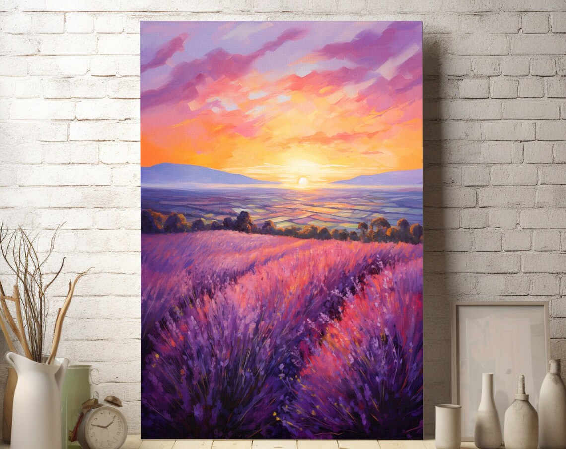 Lavender Field Rows at Vivid Pink and Orange Sunset Skies Poster